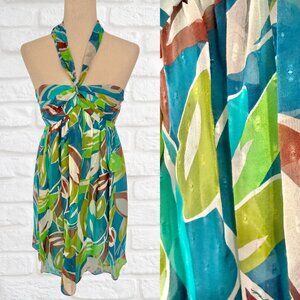 Vintage 2000's Y2k Milly Silk Colorful Halter Dress Sz 6 Green Blue Flowy